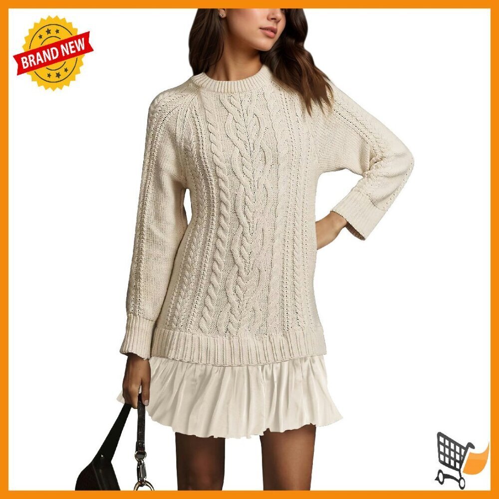 Cable Knit Sweater Dress Long Sleeve Pleated Mini Loose Fit